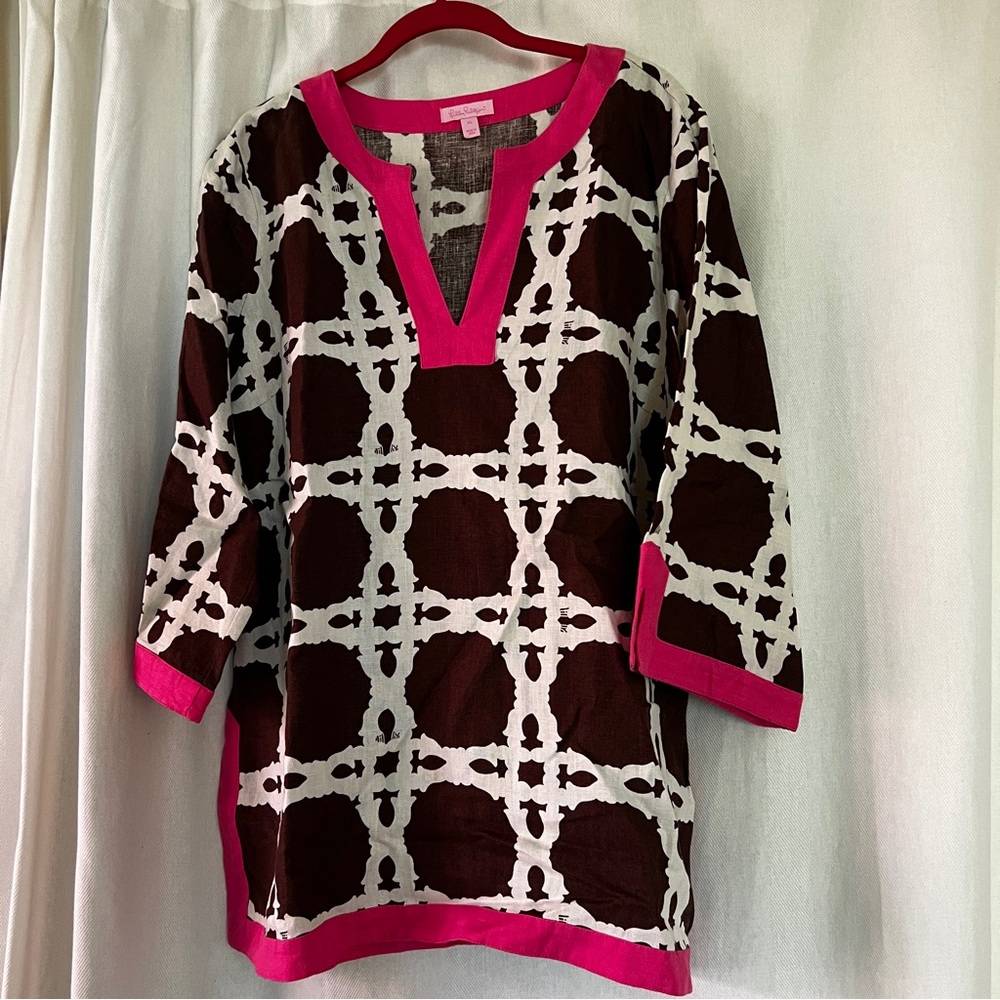 Lilly Pulitzer Gimlet Tunic Shirt XL Brown Pink Geometric 100% Linen 3/4 Sleeves